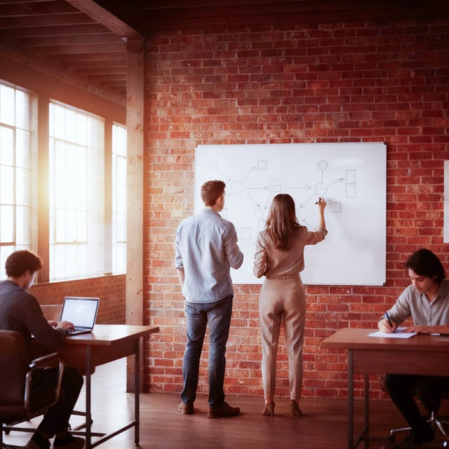 Realistic illustration of a man and a woman standing in front of a whiteboard in an office surrounded by other people working at desks.