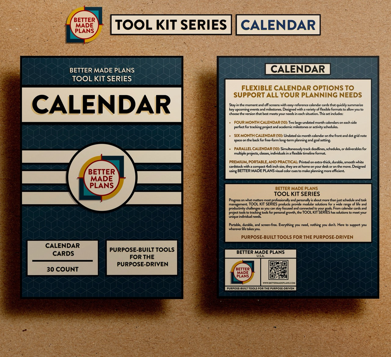 Front and back of packaging for Better Made Plans Tool Kit Series Calendar planner on a brown kraft paper background.