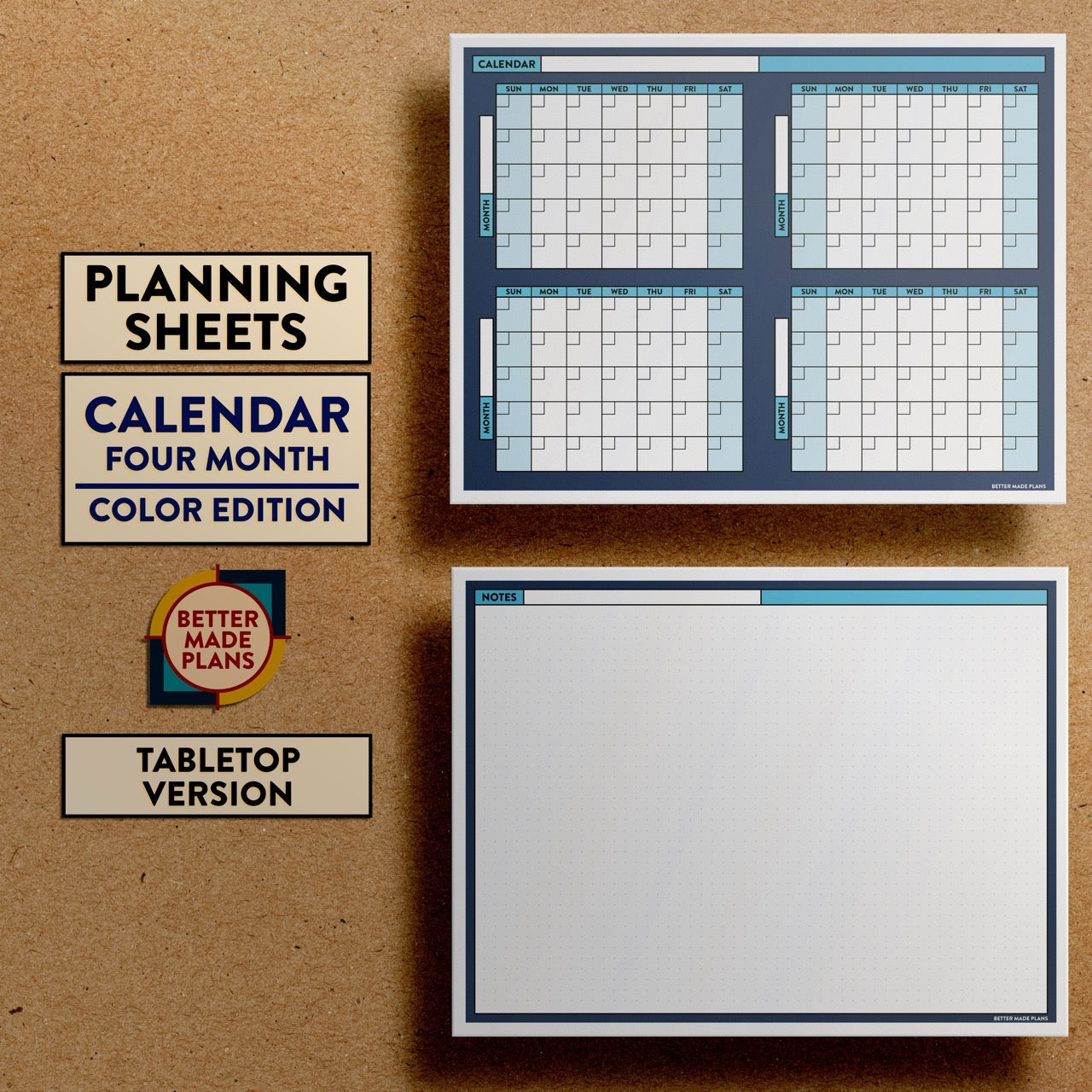 Front and back views of Better Made Plans Planning Sheets Calendar (Four Month) Version Color Tabletop Edition.