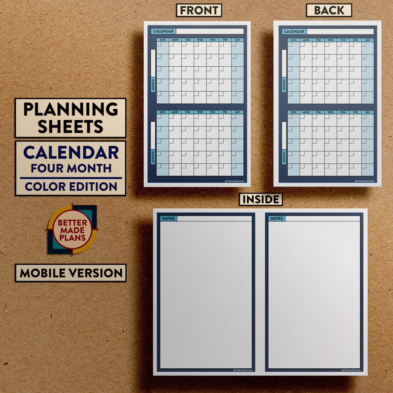 Front and back views of Better Made Plans Planning Sheets Four-Month Calendar Version Color Mobile Edition.