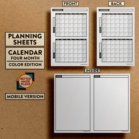 Front and back views of Better Made Plans Planning Sheets Four Month Calendar Version Monochromatic Mobile Edition.