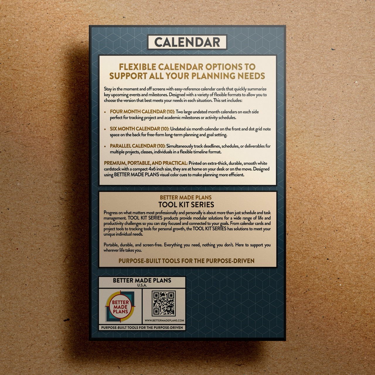 Back of packaging for Better Made Plans Tool Kit Series Calendar planner on a kraft paper background.