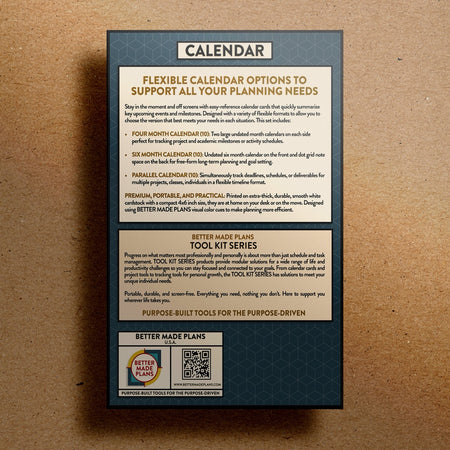 Back of packaging for Better Made Plans Tool Kit Series Calendar planner on a kraft paper background.
