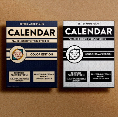 Front cover of the Better Made Plans printable Calendar Planning Sheets planner for both the color and monochromatic editions. Brown kraft paper background.