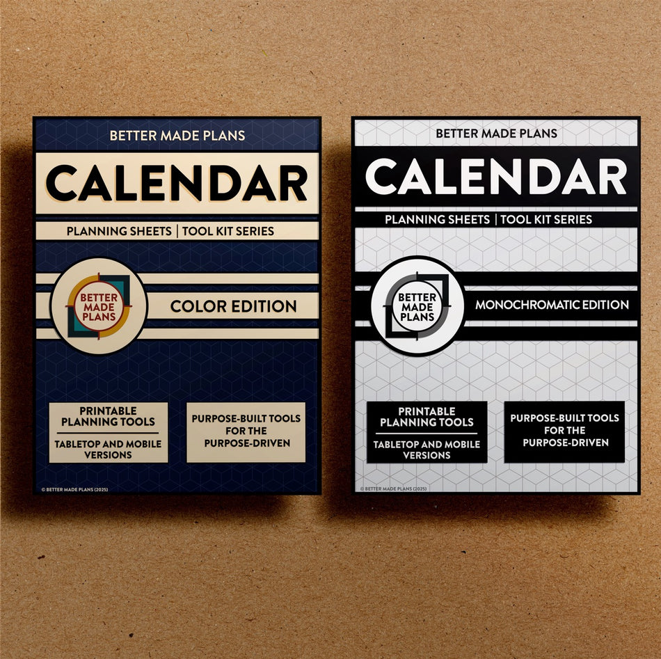 Front cover of the Better Made Plans printable Calendar Planning Sheets planner for both the color and monochromatic editions. Brown kraft paper background.