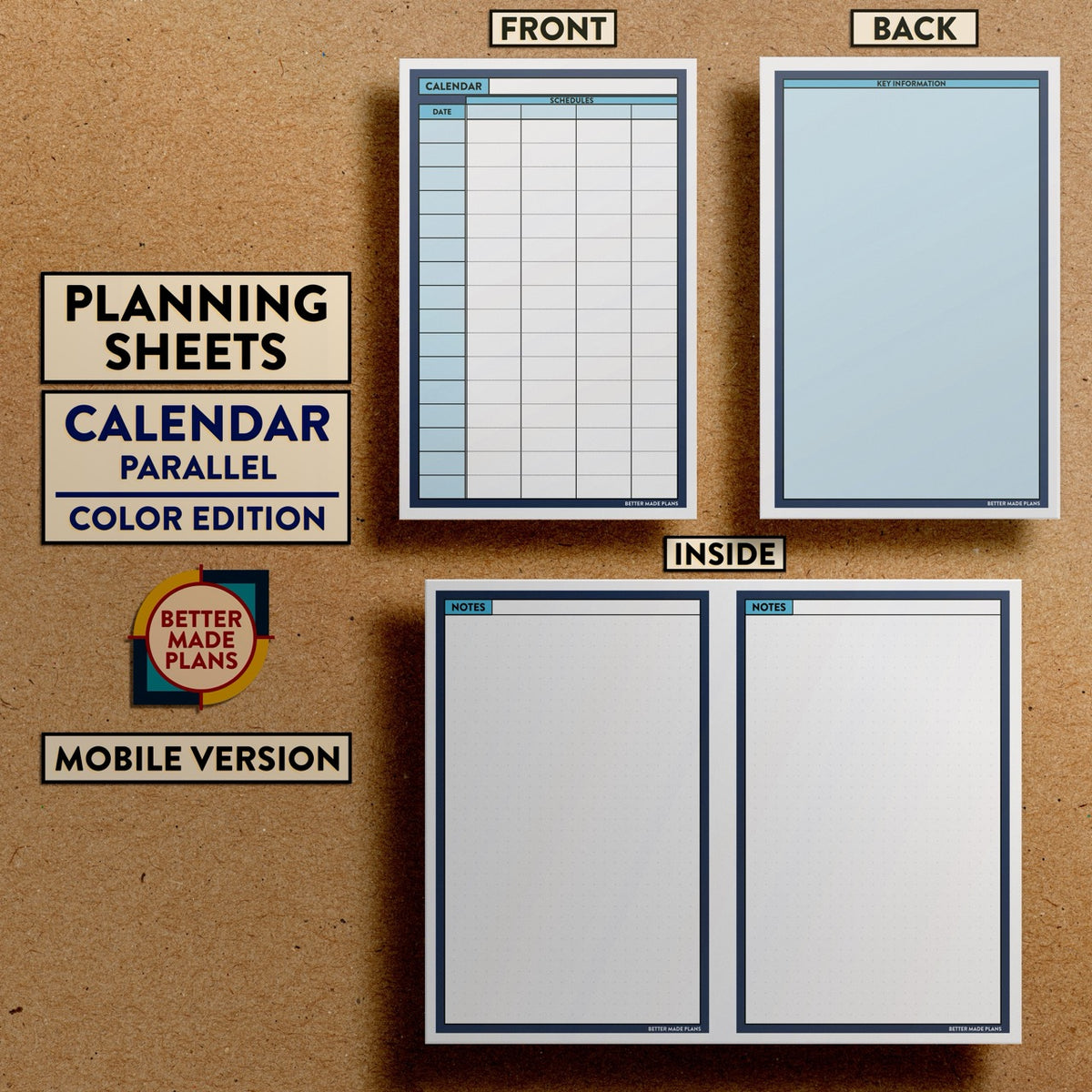 Front and back views of Better Made Plans Planning Sheets Parallel Planning Calendar Version Color Mobile Edition.