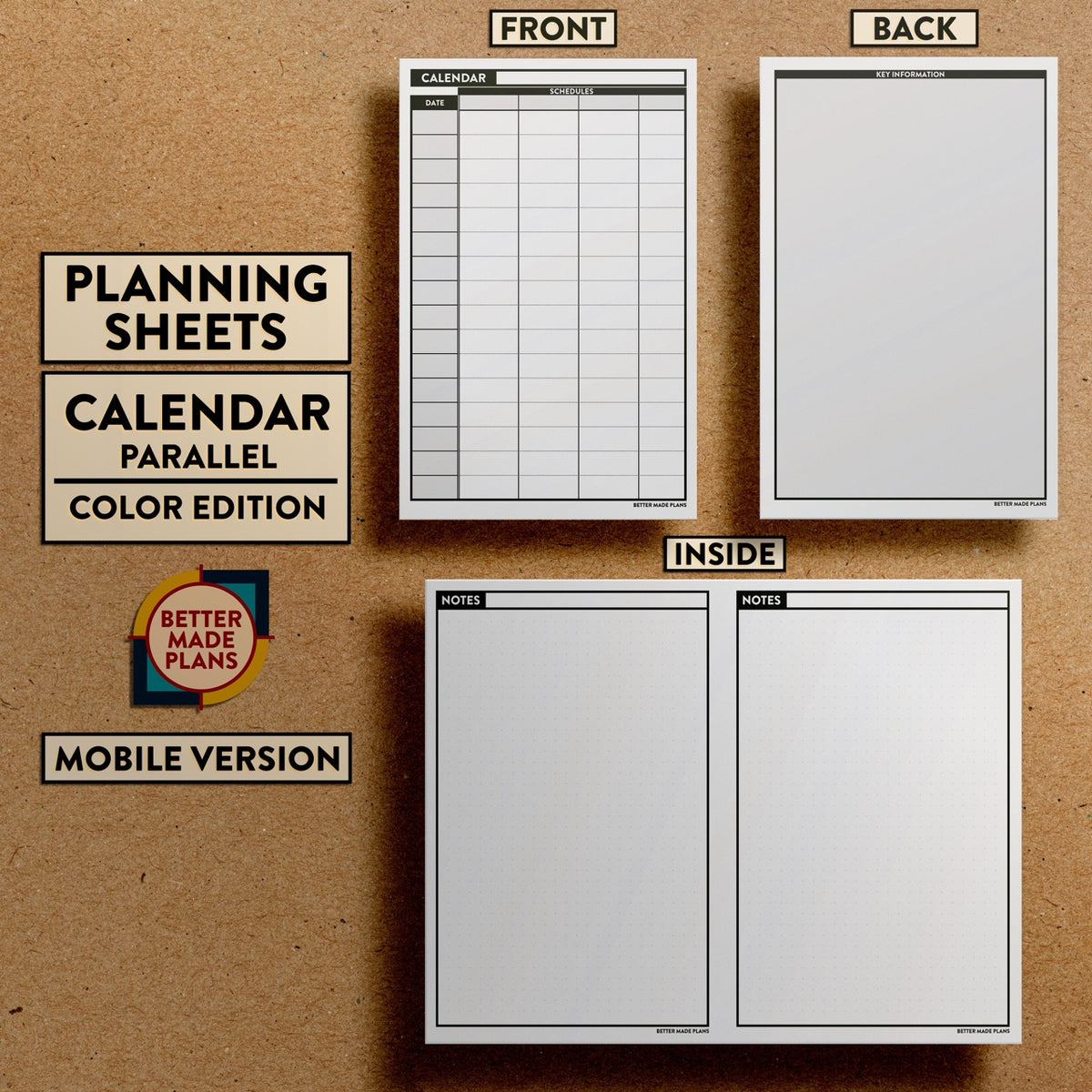 Front and back views of Better Made Plans Planning Sheets Parallel Planning Calendar Version Monochromatic Mobile Edition.