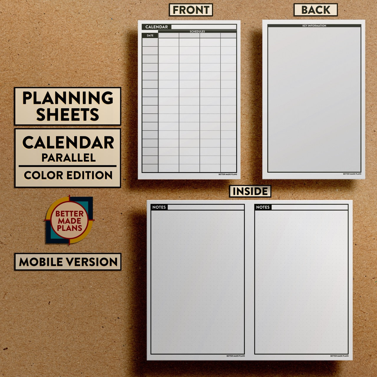 Front and back views of Better Made Plans Planning Sheets Parallel Planning Calendar Version Monochromatic Mobile Edition.