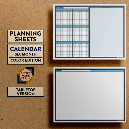 Front and back views of Better Made Plans Planning Sheets Calendar (Six Month) Version Color Tabletop Edition.