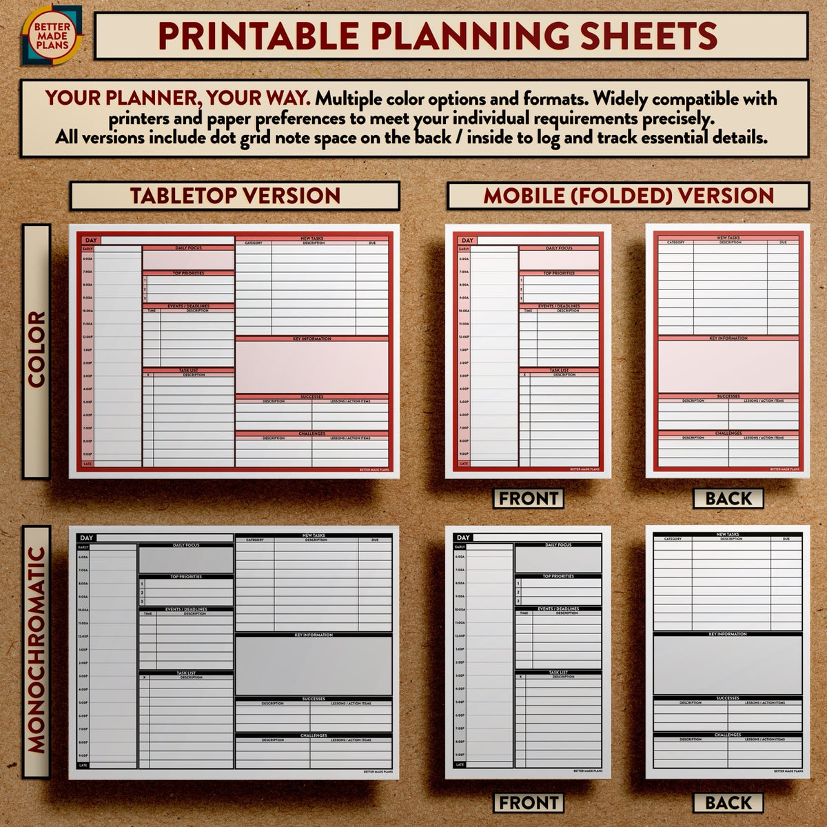 Comparison photo of color and monochromatic / mobile and tabletop versions of Better Made Plans Planning Sheets with the text "Your Planner, Your Way: Multiple color options and formats. Widely compatible with printers and paper preferences to meet your individual requirements precisely. All versions include dot grid note space on the back / inside to log and track essential details."