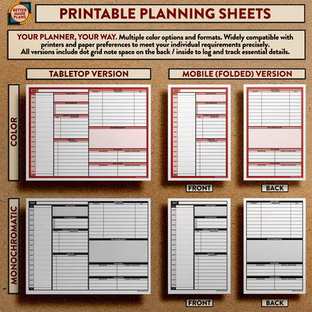 Comparison photo of color and monochromatic / mobile and tabletop versions of Better Made Plans Planning Sheets with the text "Your Planner, Your Way: Multiple color options and formats. Widely compatible with printers and paper preferences to meet your individual requirements precisely. All versions include dot grid note space on the back / inside to log and track essential details."