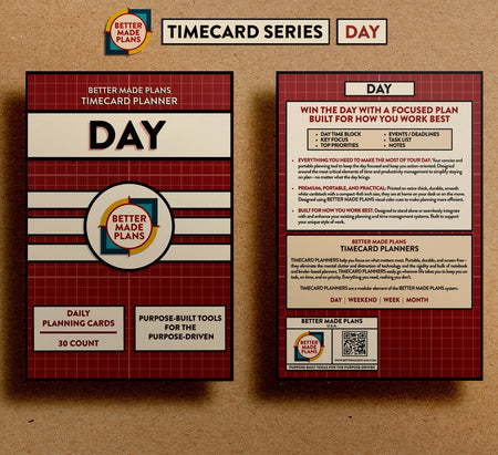 Front and back of packaging for Better Made Plans Timecard Series Day planner on a brown kraft paper background.