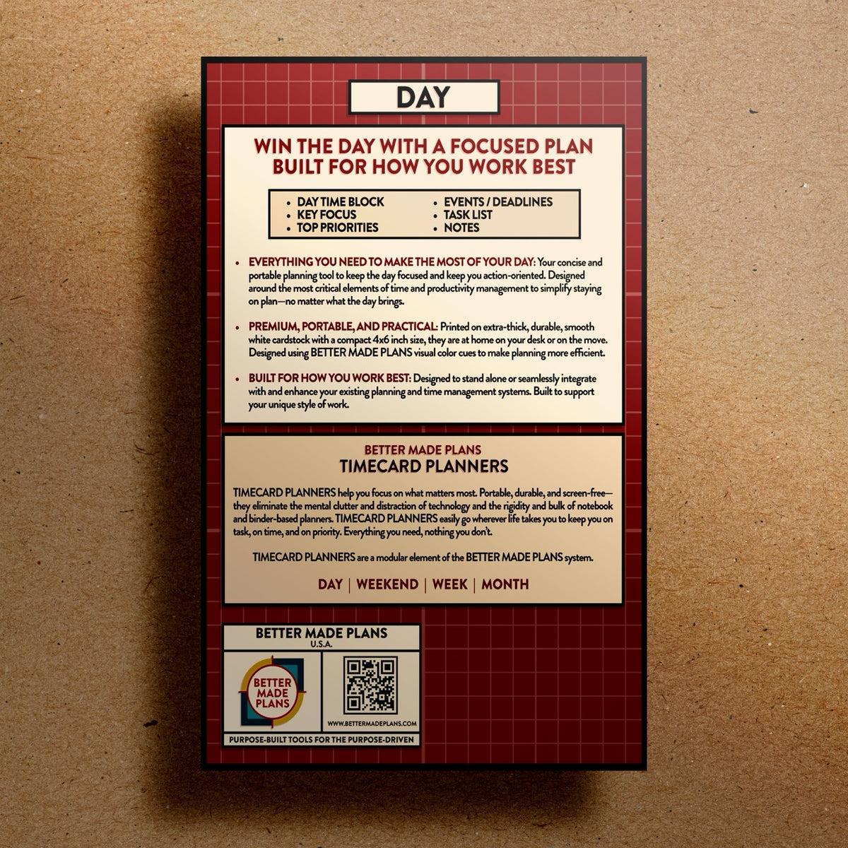 Back of packaging for Better Made Plans Timecard Series Day planner on a kraft paper background.