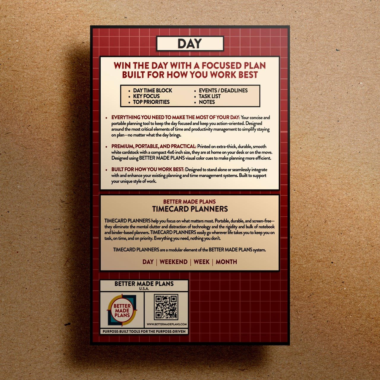 Back of packaging for Better Made Plans Timecard Series Day planner on a kraft paper background.