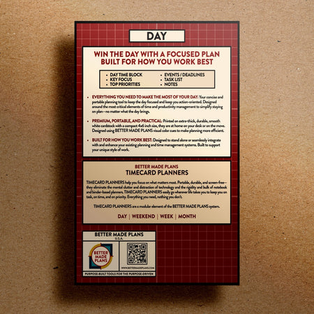 Back of packaging for Better Made Plans Timecard Series Day planner on a kraft paper background.