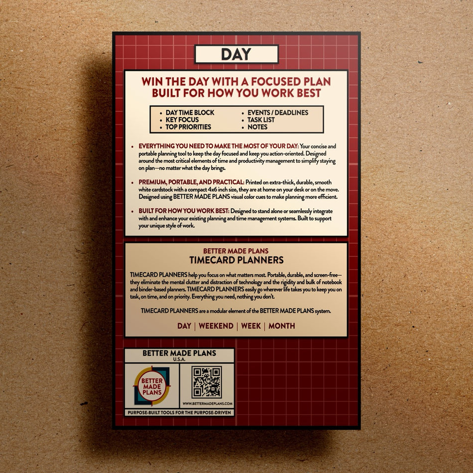 Back of packaging for Better Made Plans Timecard Series Day planner on a kraft paper background.