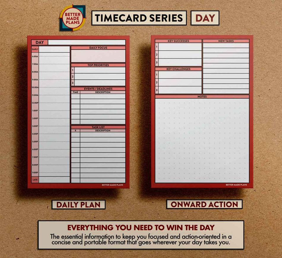 Better Made Plans Day Planner planning card with front and back views on kraft paper background. Text at the bottom reads: Everything you need to win the day. The essential information to keep you focused and action-oriented in a concise and portable format that goes wherever your day takes you.