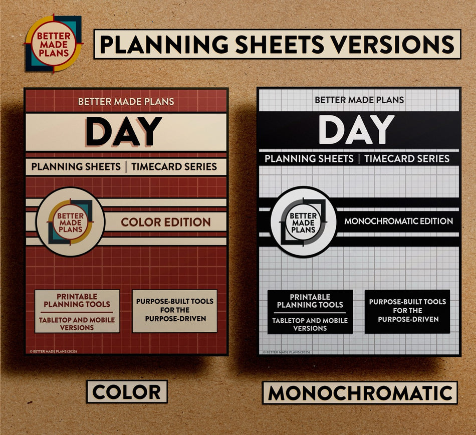 Comparison picture of the covers for color and monochromatic versions of the Better Made Plans Planning Sheets series Day edition. Covers appear on a brown kraft paper background with black and white labels.