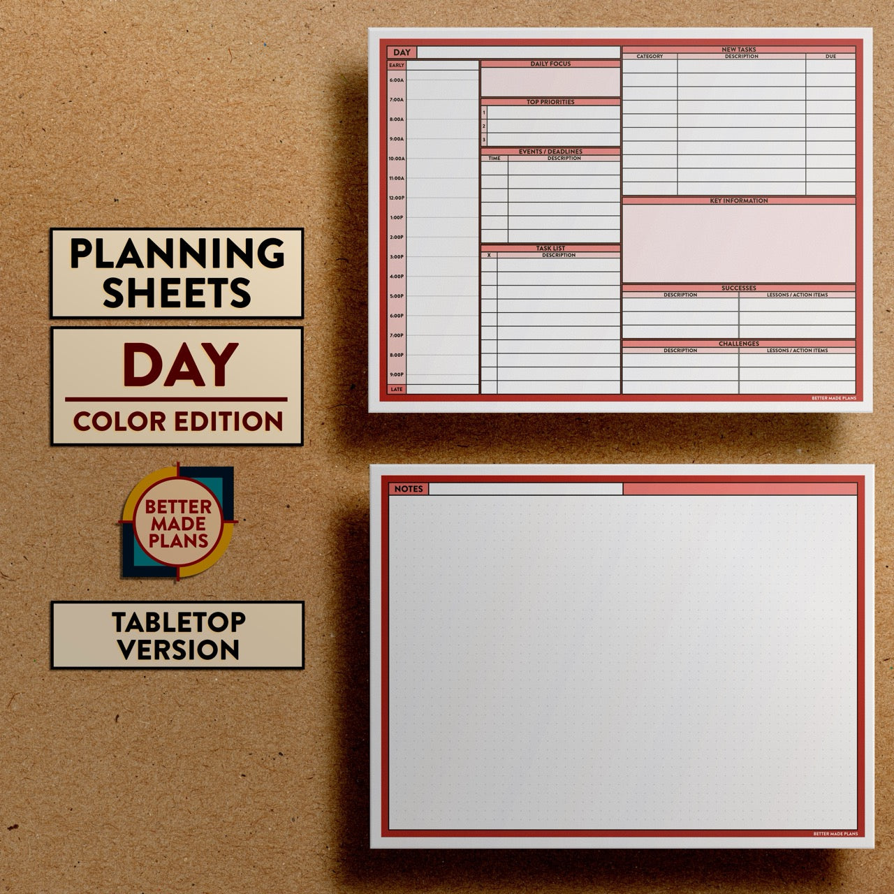 Front and back views of Better Made Plans Planning Sheets Day Version Color Tabletop Edition.