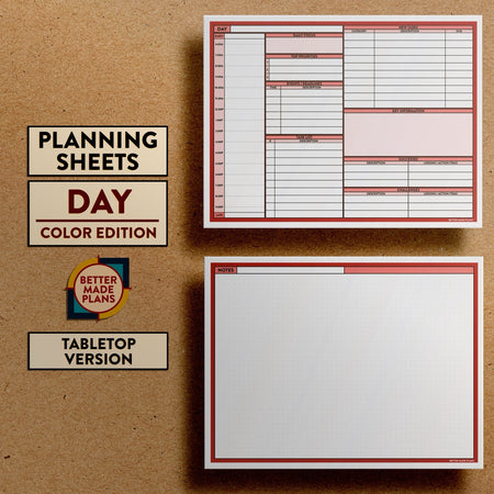 Front and back views of Better Made Plans Planning Sheets Day Version Color Tabletop Edition.