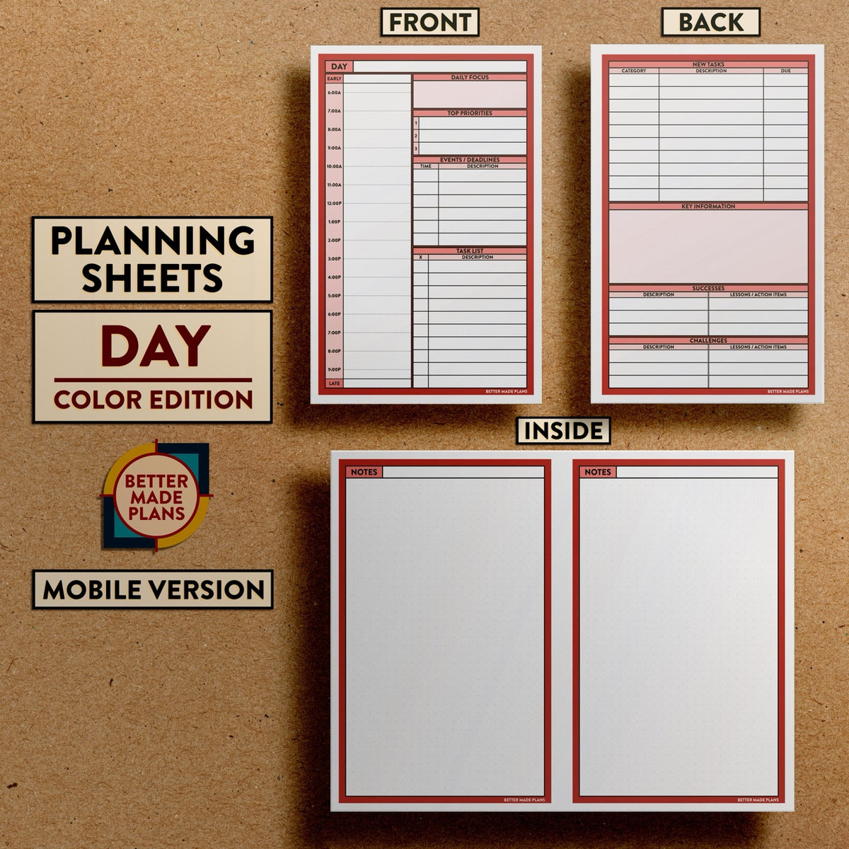 Front and back views of Better Made Plans Planning Sheets Day Version Color Mobile Edition.