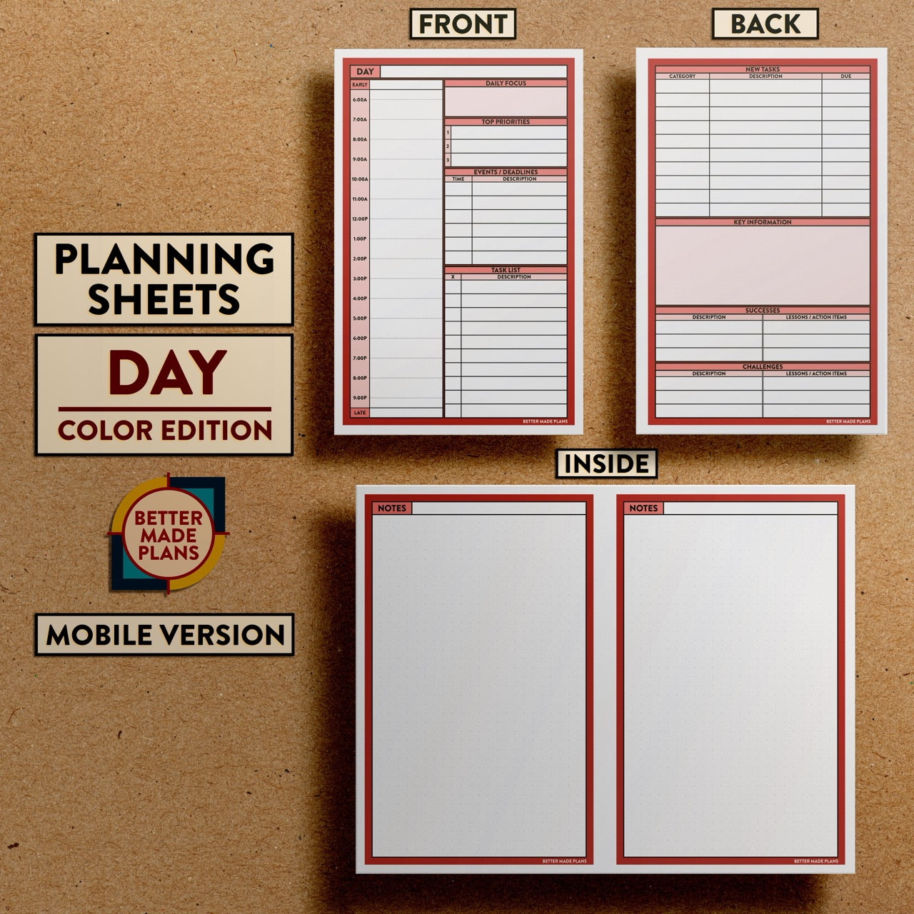 Front and back views of Better Made Plans Planning Sheets Day Version Color Mobile Edition.