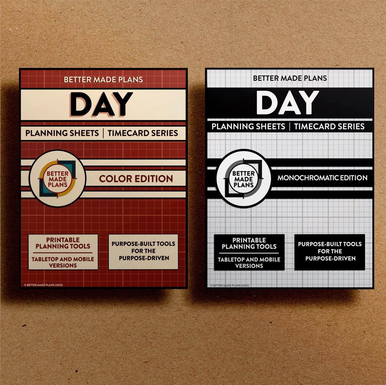 Front cover of the Better Made Plans printable Day Planning Sheets planner for both the color and monochromatic editions. Brown kraft paper background.