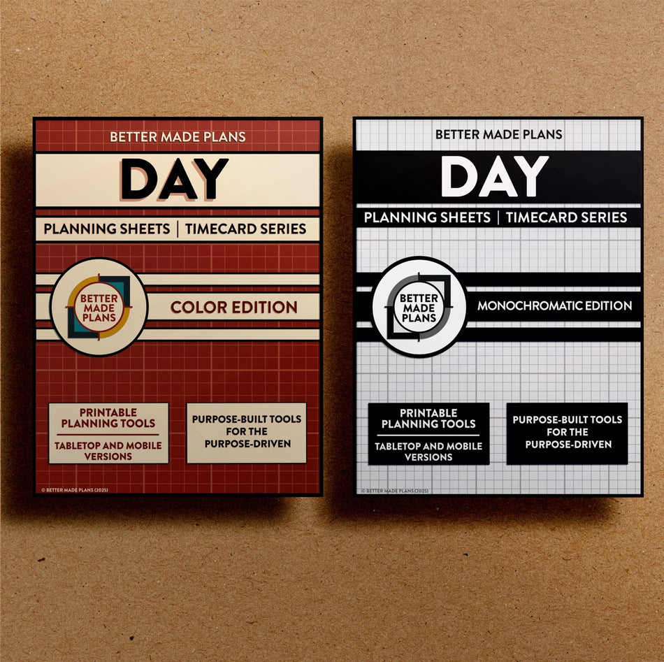 Front cover of the Better Made Plans printable Day Planning Sheets planner for both the color and monochromatic editions. Brown kraft paper background.
