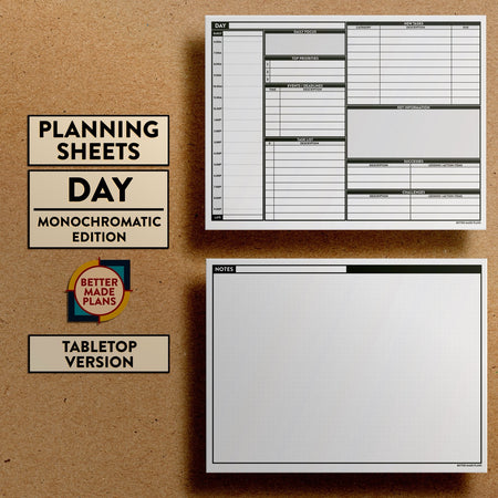 Front and back views of Better Made Plans Planning Sheets Day Version Monochromatic Tabletop Edition.