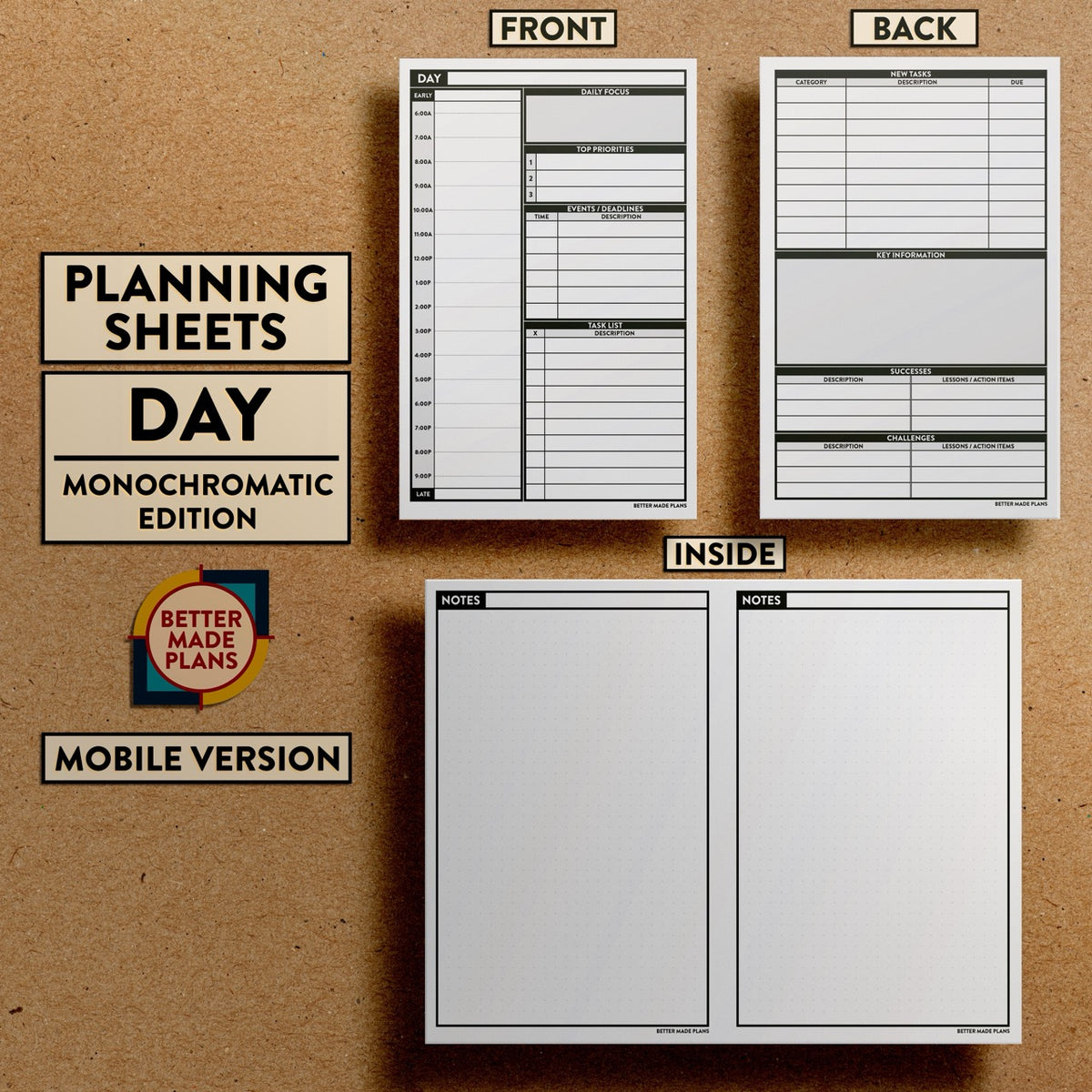 Front and back views of Better Made Plans Planning Sheets Day Version Monochromatic Mobile Edition.