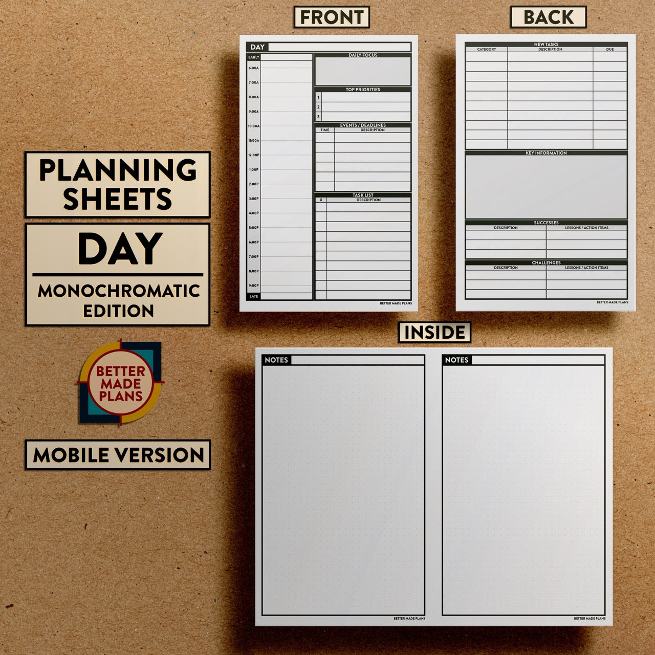 Front and back views of Better Made Plans Planning Sheets Day Version Monochromatic Mobile Edition.