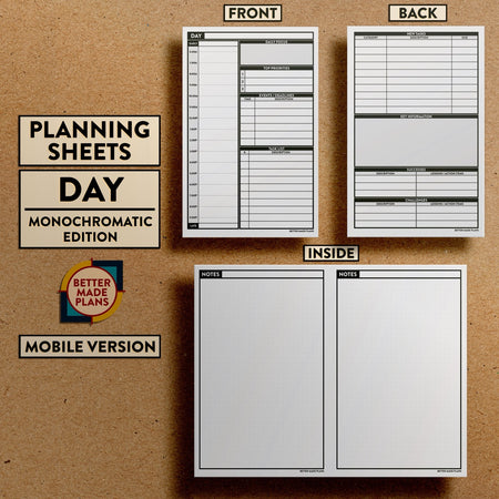 Front and back views of Better Made Plans Planning Sheets Day Version Monochromatic Mobile Edition.