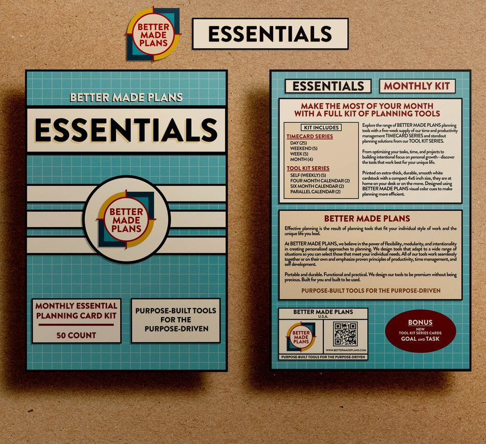 Front and back of packaging for Better Made Plans Essentials Planning Card Kit on a brown kraft paper background.