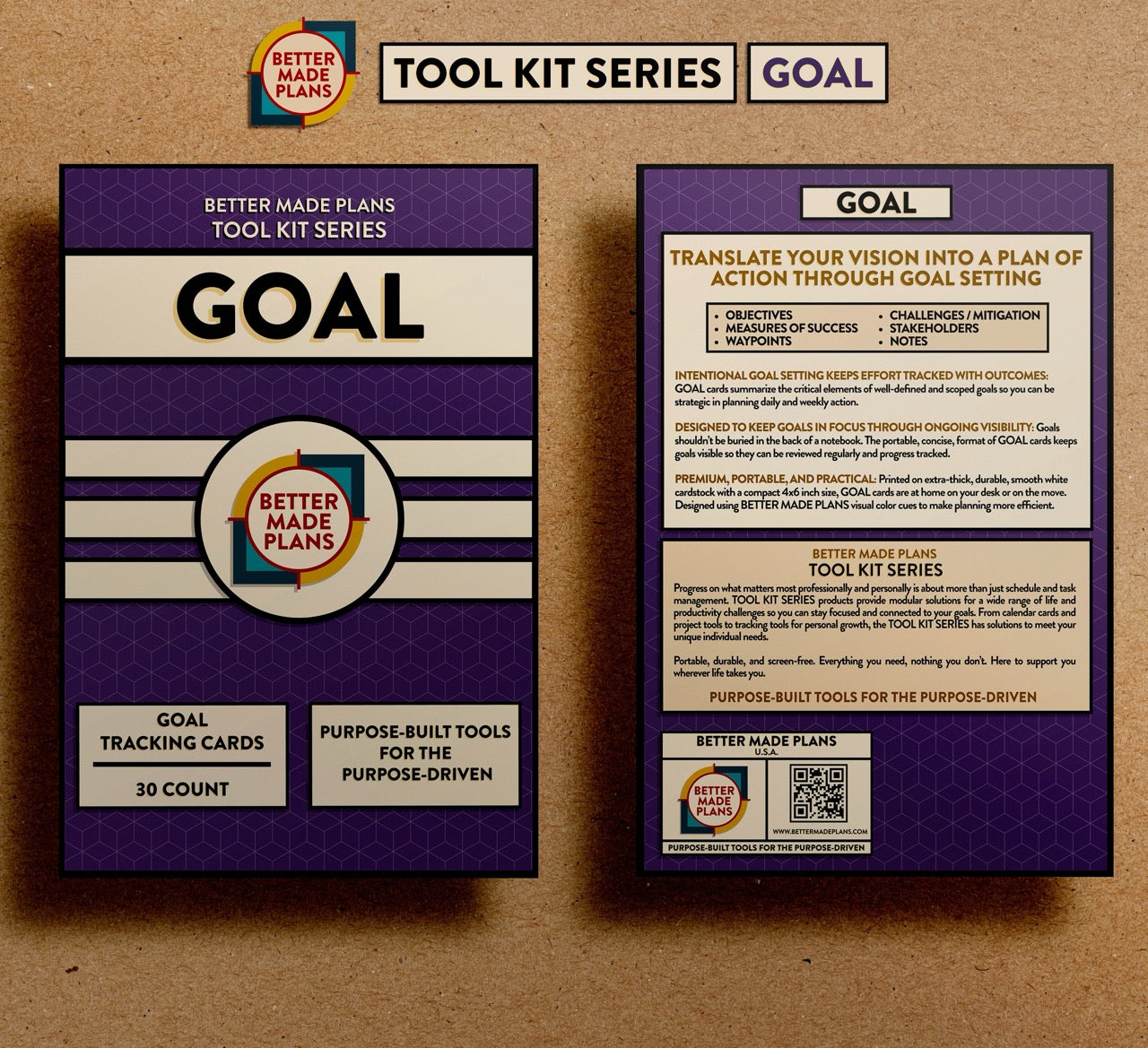 Front and back of packaging for Better Made Plans Tool Kit Series Goal planner on a brown kraft paper background.
