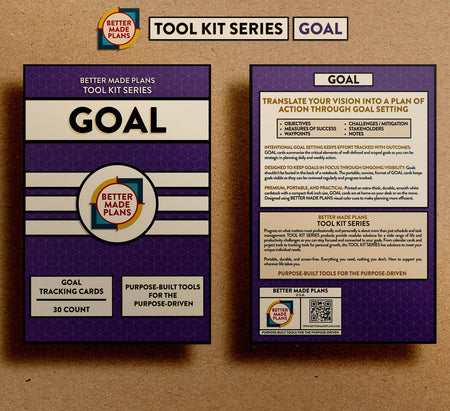 Front and back of packaging for Better Made Plans Tool Kit Series Goal planner on a brown kraft paper background.