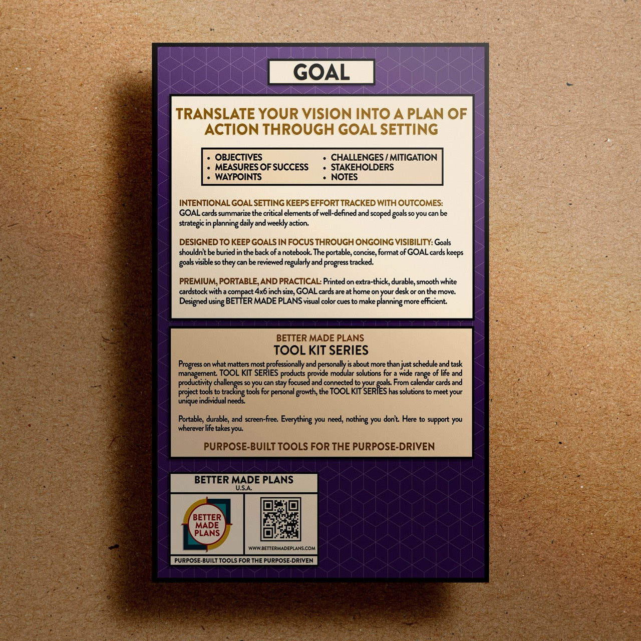 Back of packaging for Better Made Plans Tool Kit Series Goal planner on a kraft paper background.