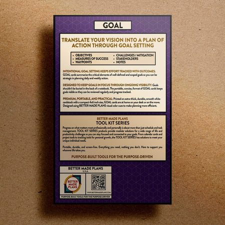 Back of packaging for Better Made Plans Tool Kit Series Goal planner on a kraft paper background.