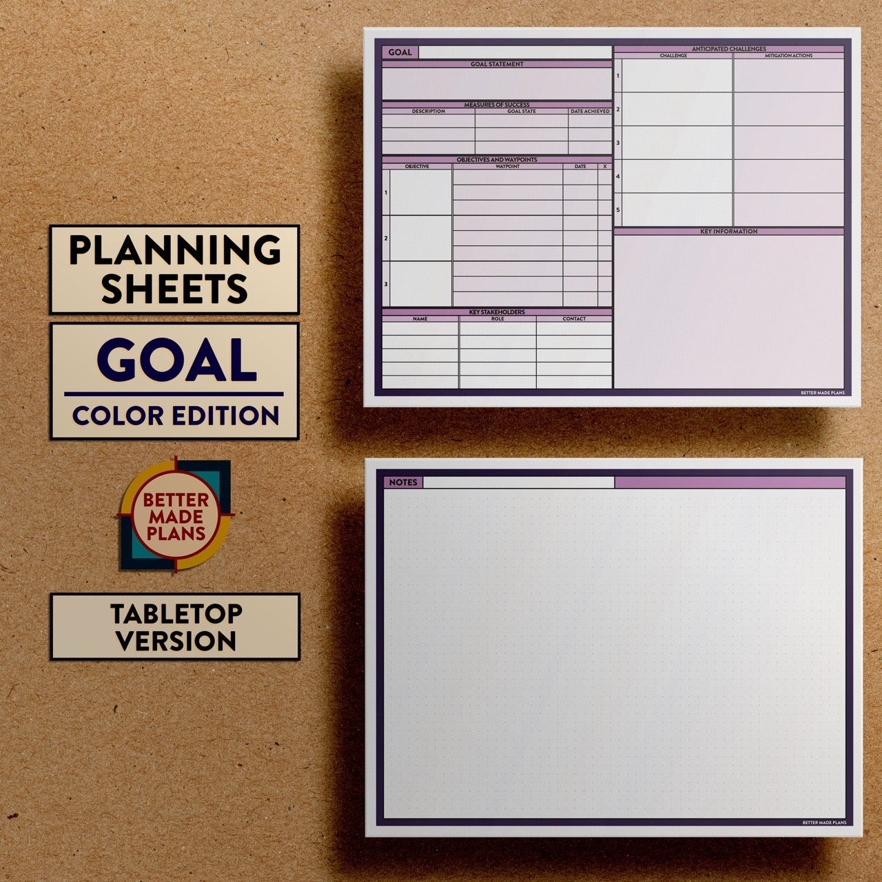 Front and back views of Better Made Plans Planning Sheets Goal Version Color Tabletop Edition.