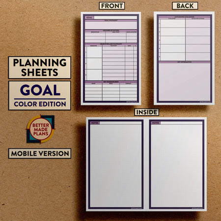 Front and back views of Better Made Plans Planning Sheets Goal Version Color Mobile Edition.