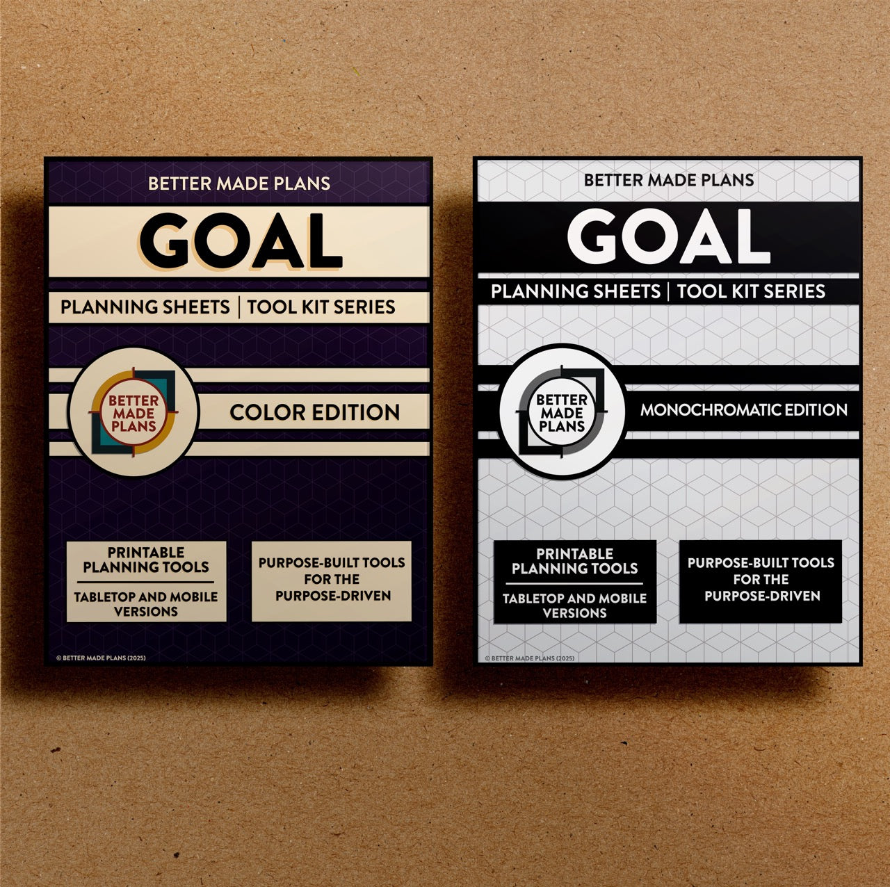 Front cover of the Better Made Plans printable Goal Planning Sheets planner for both the color and monochromatic editions. Brown kraft paper background.