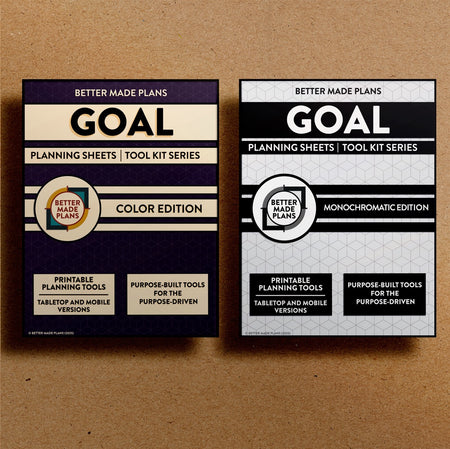 Front cover of the Better Made Plans printable Goal Planning Sheets planner for both the color and monochromatic editions. Brown kraft paper background.