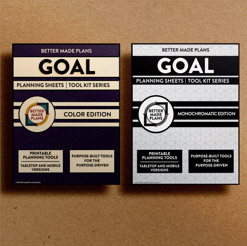 Front cover of the Better Made Plans printable Goal Planning Sheets planner for both the color and monochromatic editions. Brown kraft paper background.