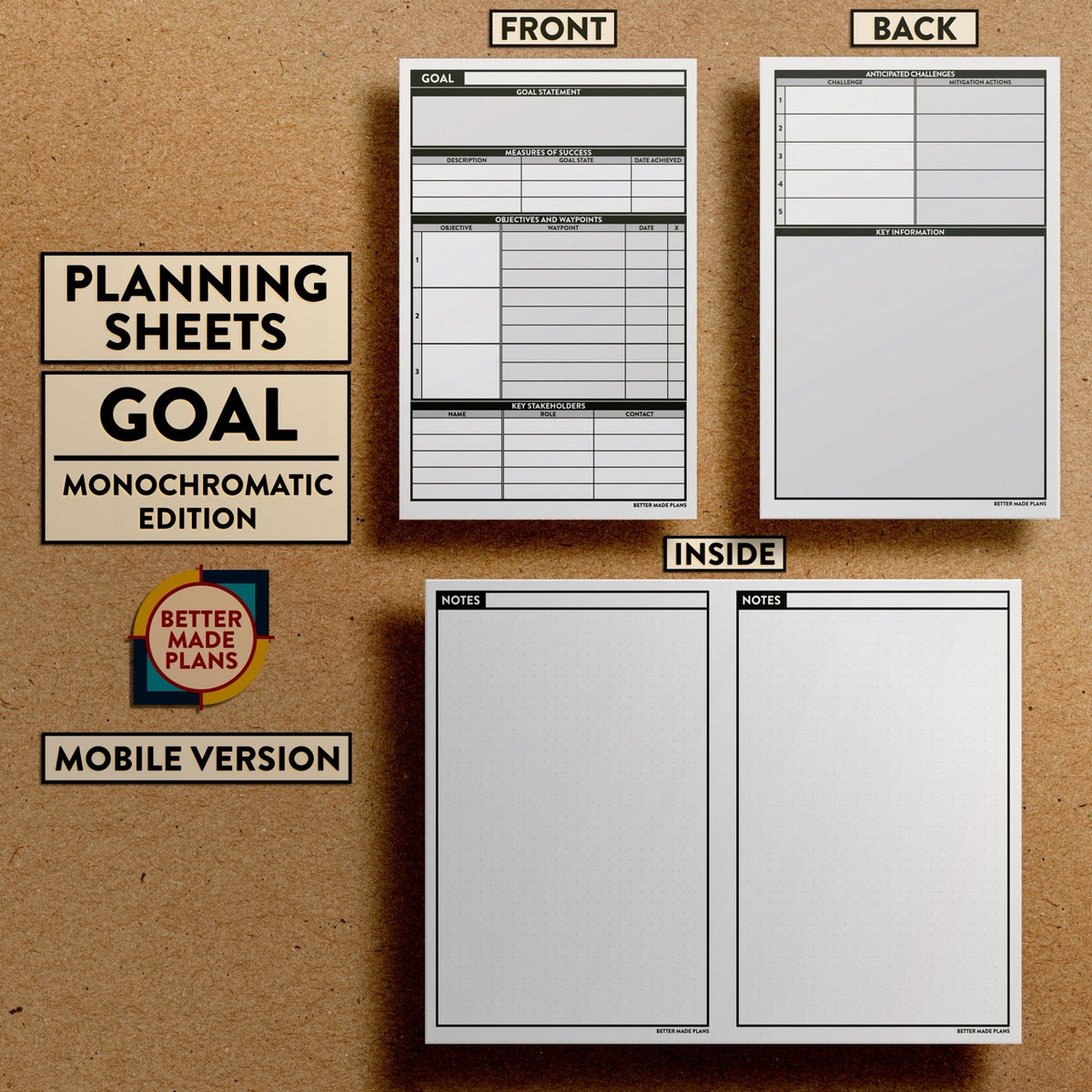 Front and back views of Better Made Plans Planning Sheets Goal Version Monochromatic Mobile Edition.