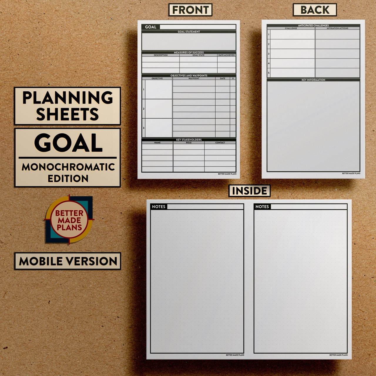 Front and back views of Better Made Plans Planning Sheets Goal Version Monochromatic Mobile Edition.