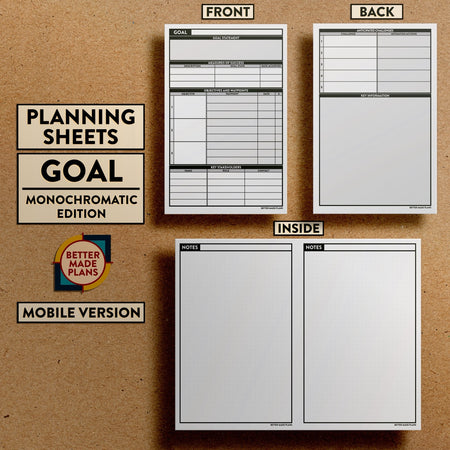 Front and back views of Better Made Plans Planning Sheets Goal Version Monochromatic Mobile Edition.