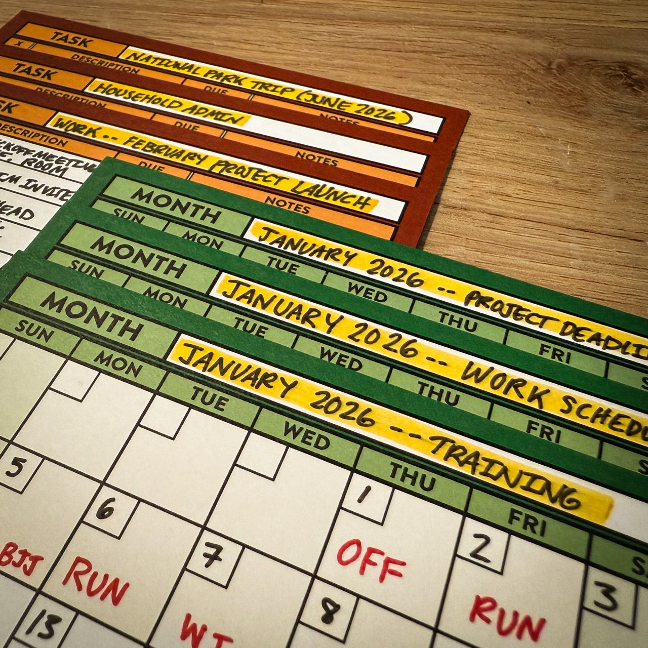 Stacks of Month and Task planning cards with each card hand-labeled to show different planning focus for each card.