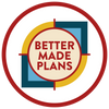 Better Made Plans company logo in the middle of a white circle with a red border.