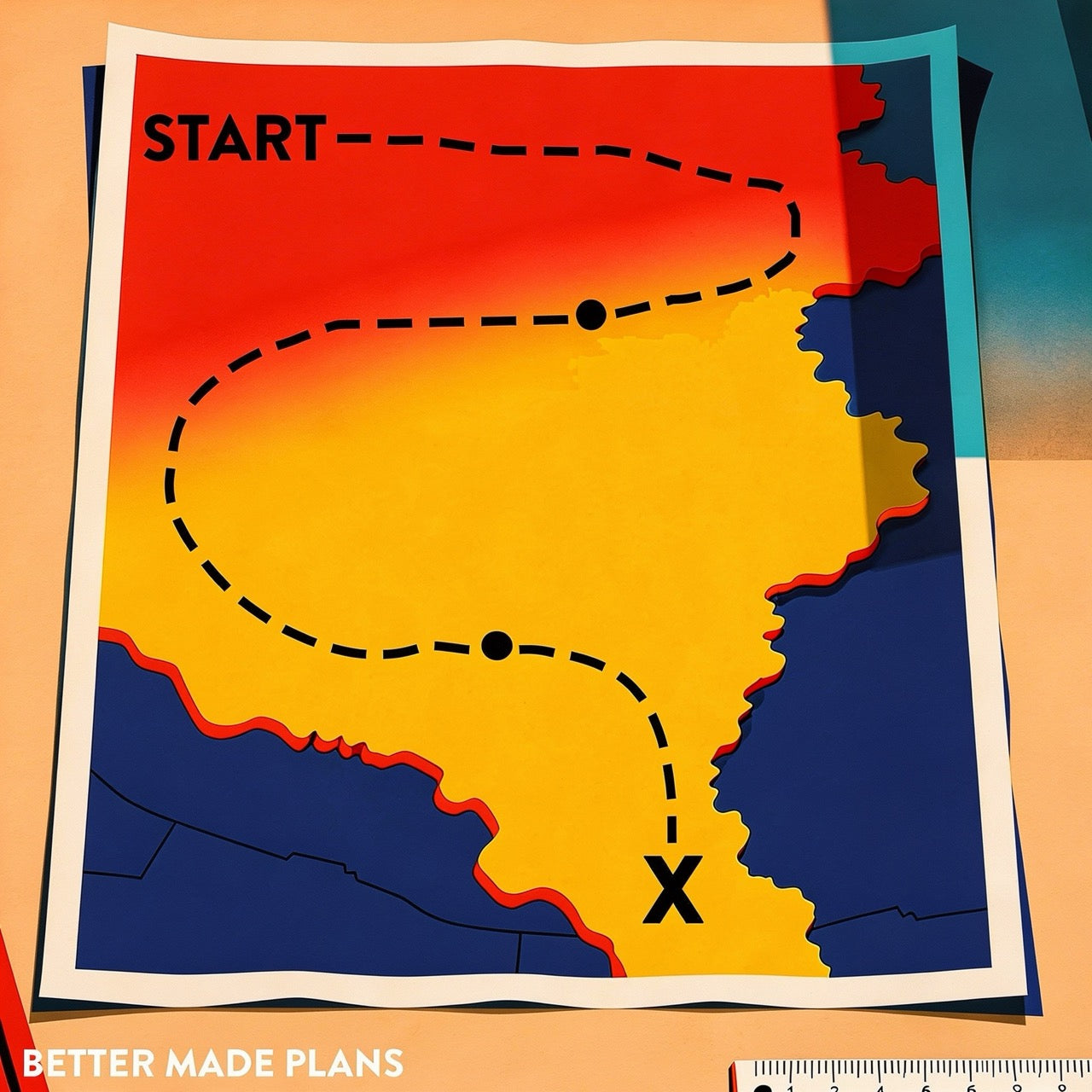 Colorful drawing of a map with a point marked "START" and a dotted line that ends up at a point labeled with an "X."