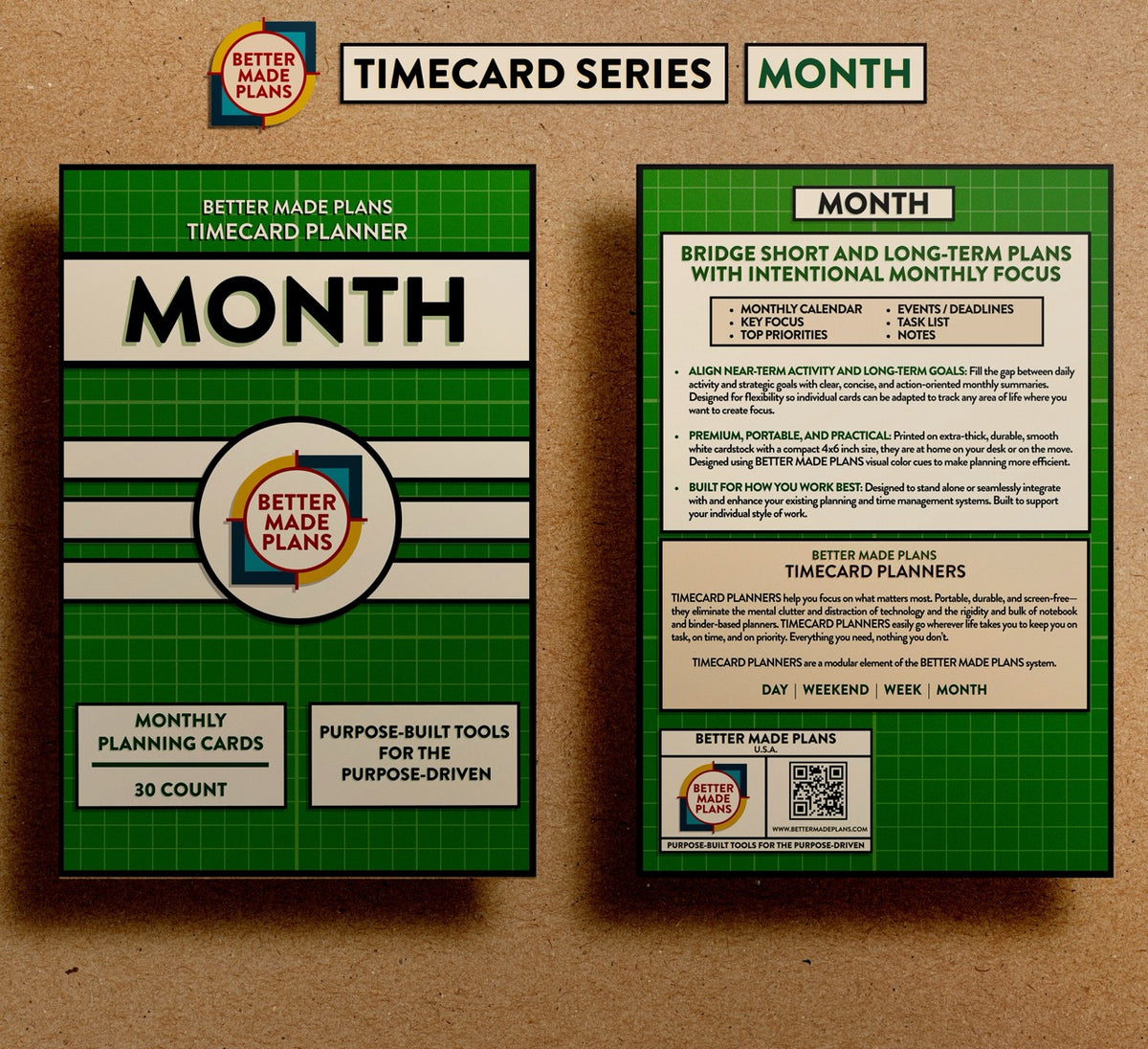 Front and back of packaging for Better Made Plans Timecard Series Month planner on a brown kraft paper background.