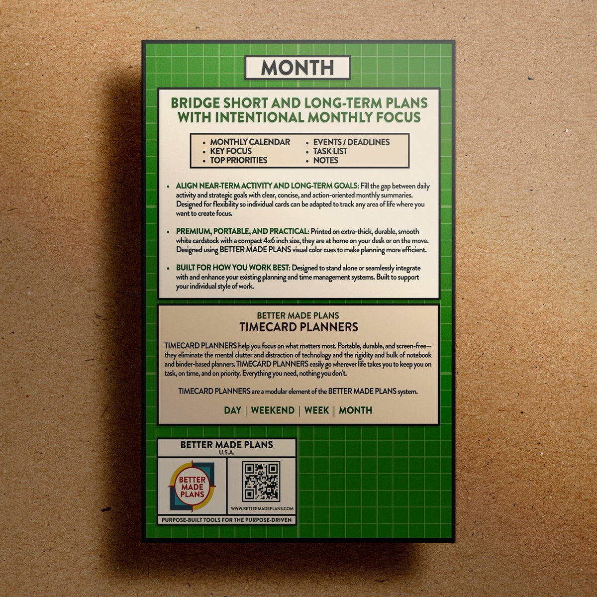 Back of packaging for Better Made Plans Timecard Series Month planner on a kraft paper background.